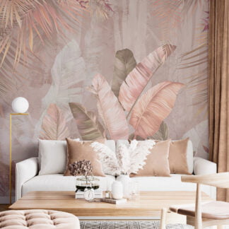 Pastel Peach Banana Leaves Wallpaper, Blush Elegance Foliage Large Tropical Leaves Peel & Stick Wall Mural