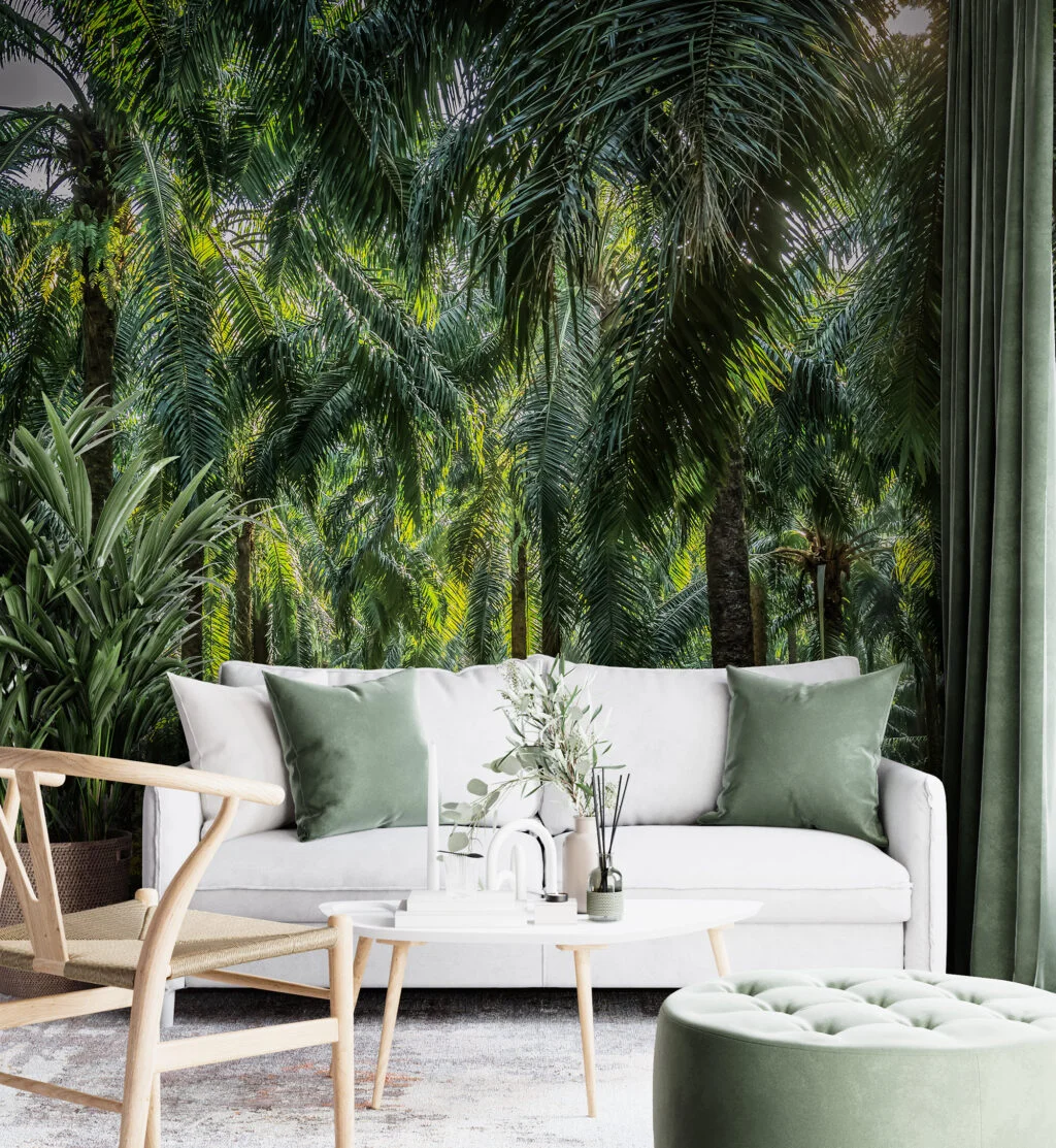 Sunlit Palm Forest Garden Wallpaper, Lush Tropical Palm Tree Plantation Peel & Stick Wall Mural