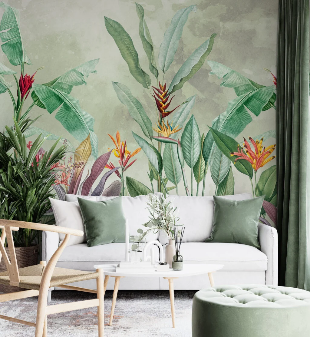 Large Vintage Colorful Botanical Plants Wallpaper, Artful Tropical Leaves And Plants Peel & Stick Wall Mural