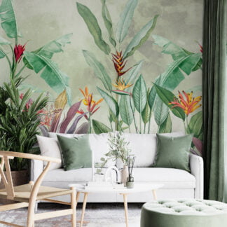 Large Vintage Colorful Botanical Plants Wallpaper, Artful Tropical Leaves And Plants Peel & Stick Wall Mural