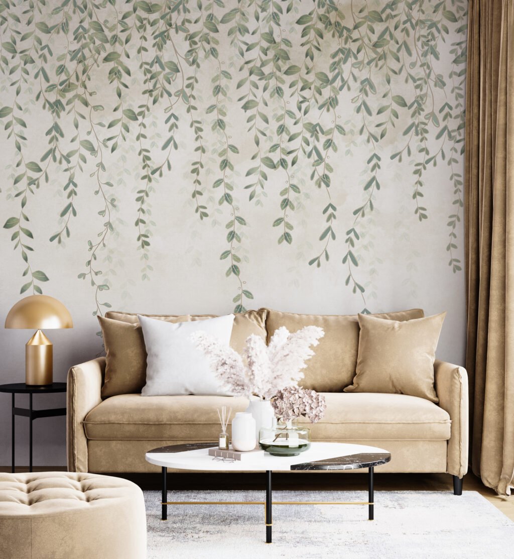 Tranquil Hanging Vines Illustration Wallpaper, Soft Backdrop With Leaves Peel & Stick Wall Mural