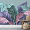 Serene Pastel Banana Leaves With Drawn Line Art Wallpaper, Large Tropical Leaves Peel & Stick Wall Mural
