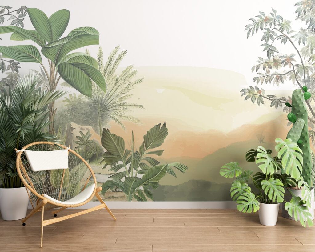 Soft Drawn Tropical Leaves Wallpaper, Sunset Tropical Retreat Illustration Peel & Stick Wall Mural