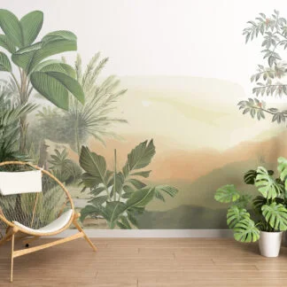 Soft Drawn Tropical Leaves Wallpaper, Sunset Tropical Retreat Illustration Peel & Stick Wall Mural