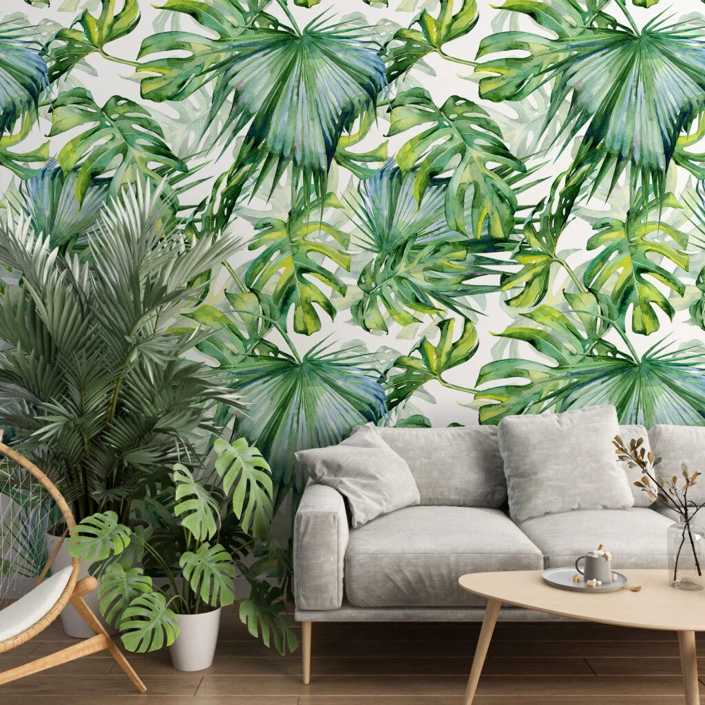 Lush Watercolor Monstera Leaves Wallpaper, Large Vibrant Tropical Leaves Peel & Stick Wall Mural