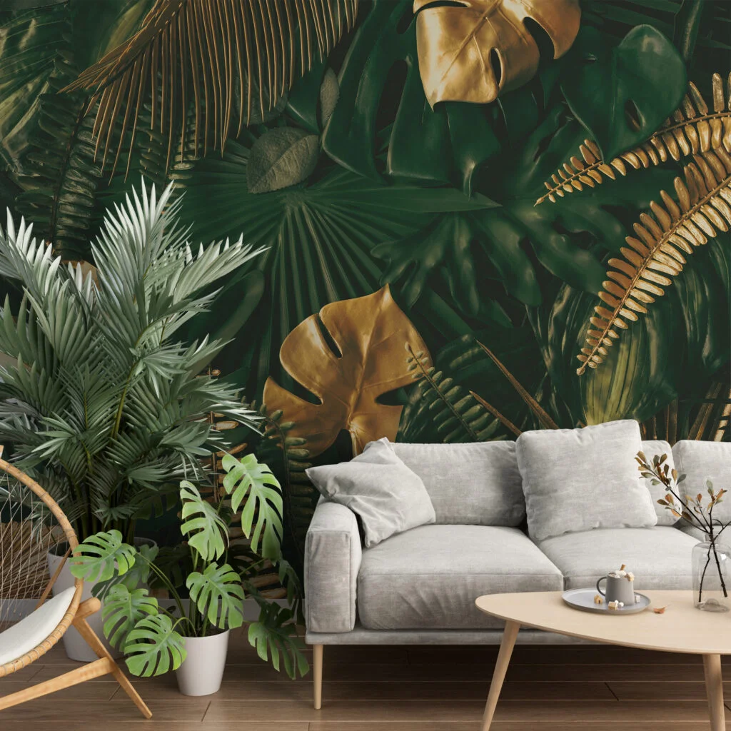 Large Tropical Dark Green And Golden Leaves Wallpaper, Luxe Tropical Leaf Design Peel & Stick Wall Mural