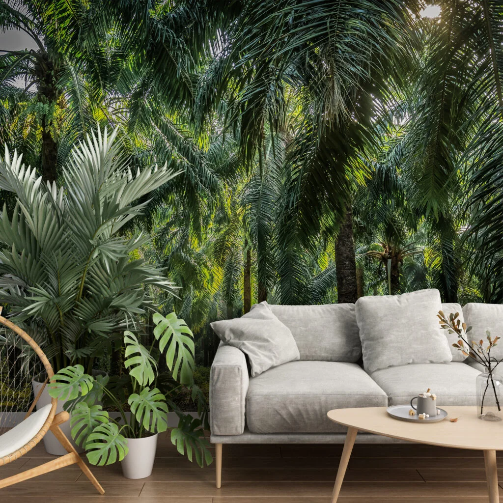 Sunlit Palm Forest Garden Wallpaper, Lush Tropical Palm Tree Plantation Peel & Stick Wall Mural