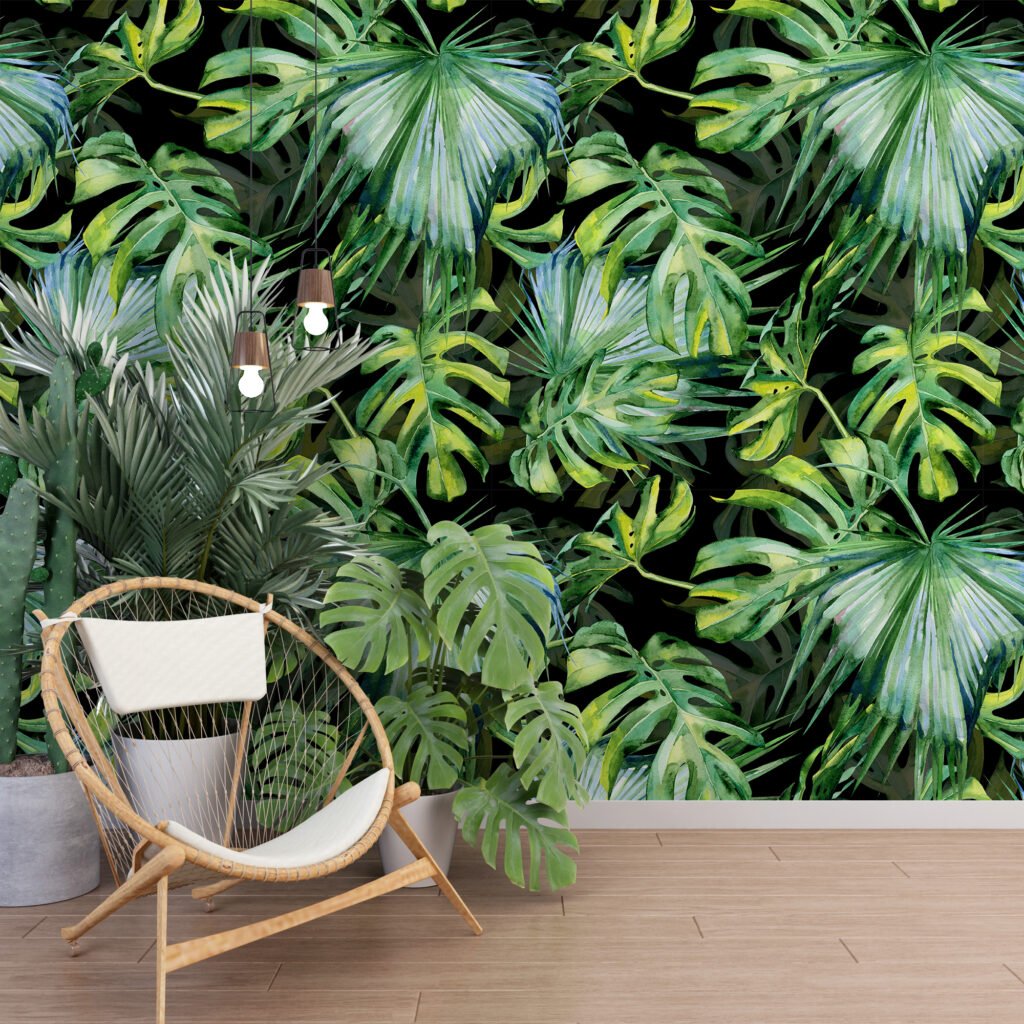 Watercolor Vibrant Jungle Foliage With A Black Background Wallpaper, Large Tropical Leaf Peel & Stick Wall Mural
