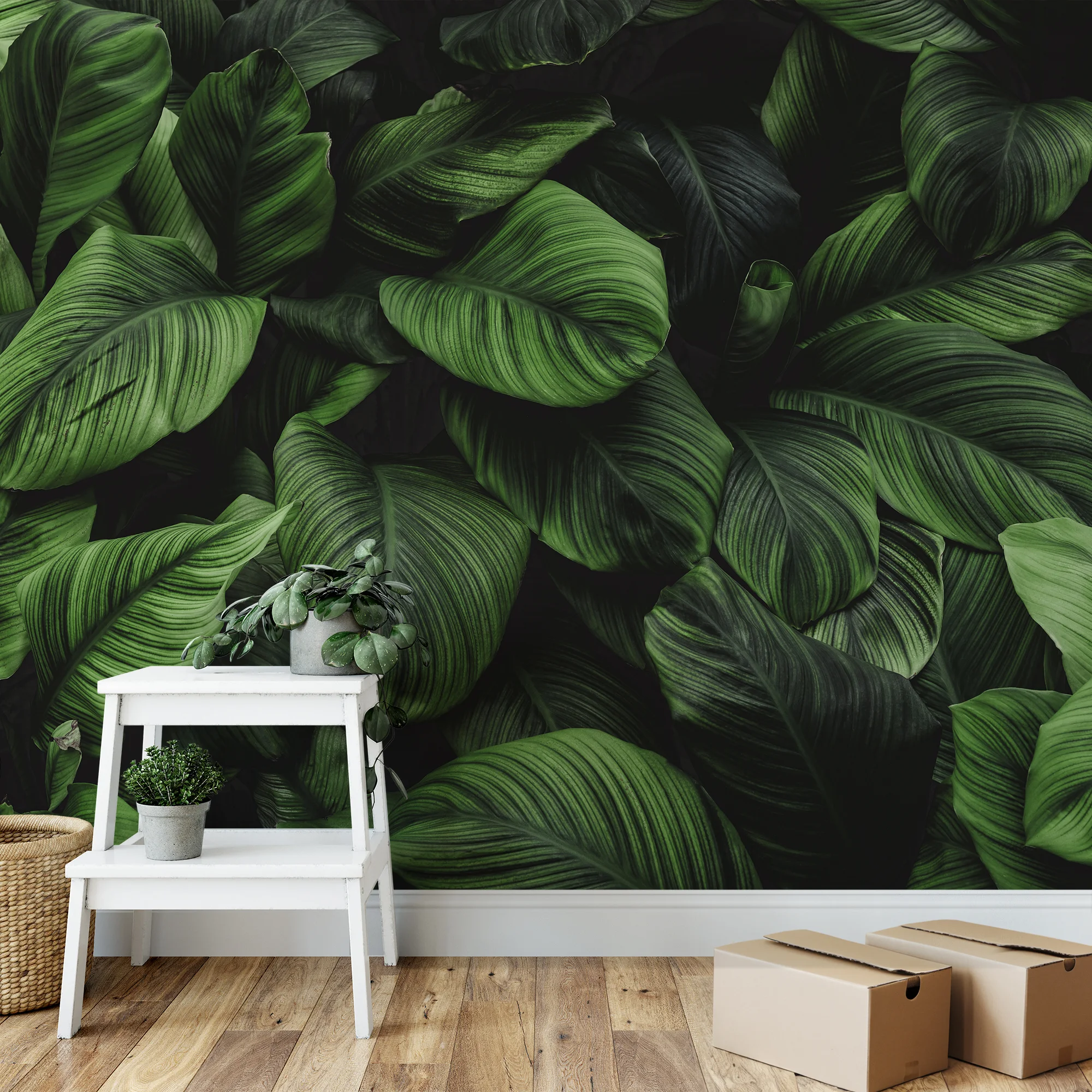 Lush Dark Botanical Leaf Wallpaper, Large Tropical Pine Forest Leaves Peel & Stick Wall Mural
