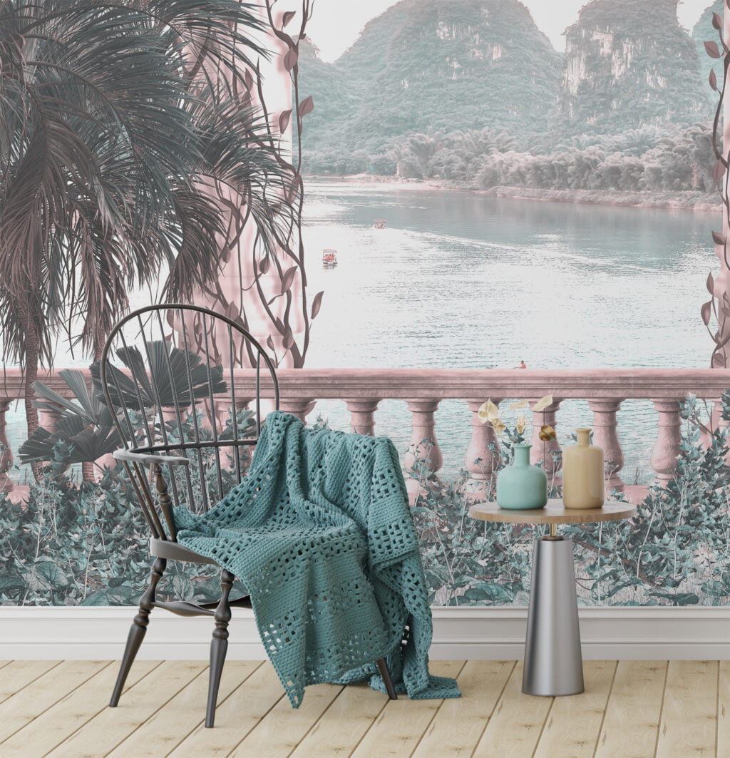 Romantic Tropical Landscape View Wallpaper, Balcony View With Palm Trees Peel & Stick Wall Mural