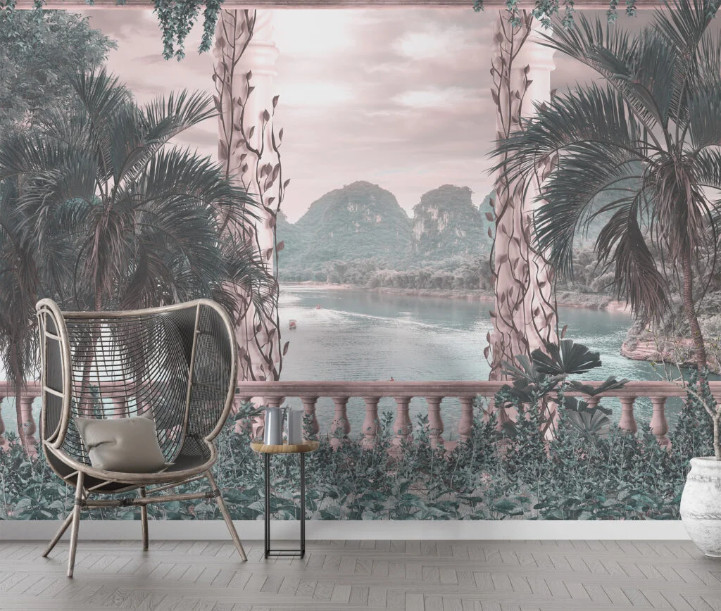 Romantic Tropical Landscape View Wallpaper, Balcony View With Palm Trees Peel & Stick Wall Mural