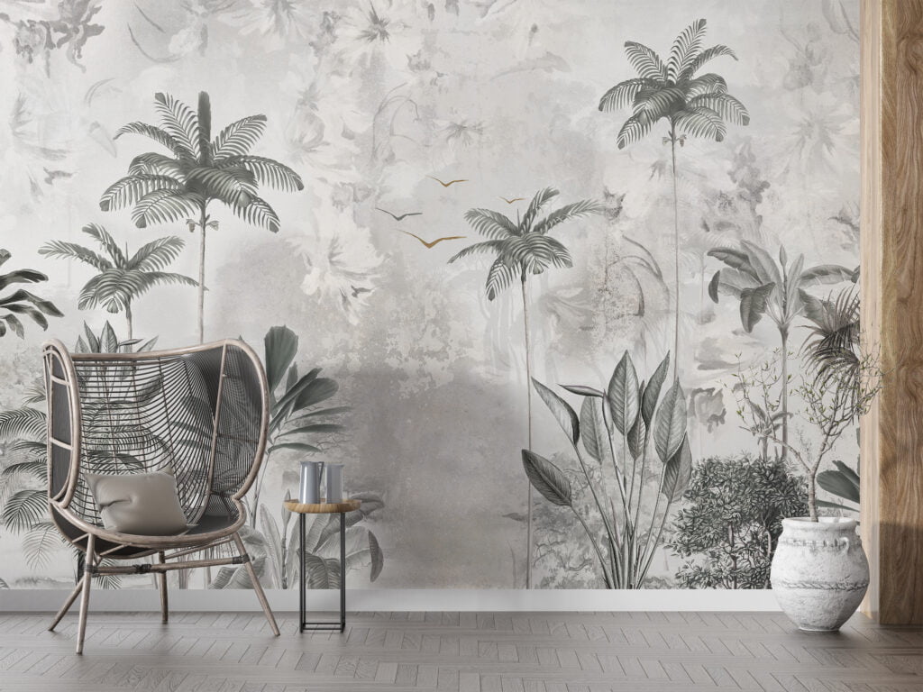 Vintage Tropical Foliage Wallpaper, Palm Trees And Botanicals Soothing Tropical Paradise Peel & Stick Wall Mural