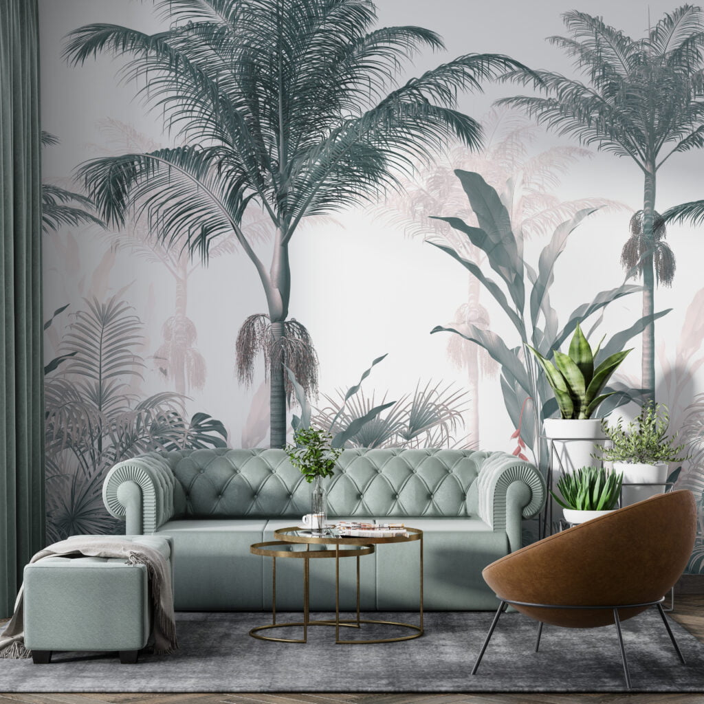 Vintage Sage Tropical Jungle Wallpaper, Elegant Large Palm Trees And Leaves Peel & Stick Wall Mural