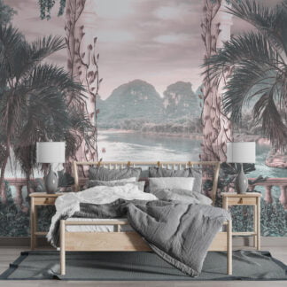 Romantic Tropical Landscape View Wallpaper, Balcony View With Palm Trees Peel & Stick Wall Mural