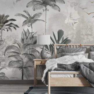 Vintage Tropical Foliage Wallpaper, Palm Trees And Botanicals Soothing Tropical Paradise Peel & Stick Wall Mural