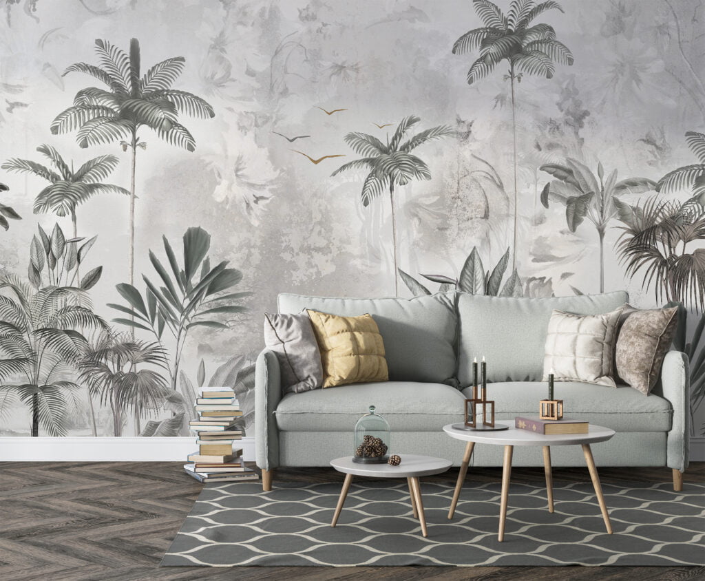 Vintage Tropical Foliage Wallpaper, Palm Trees And Botanicals Soothing Tropical Paradise Peel & Stick Wall Mural