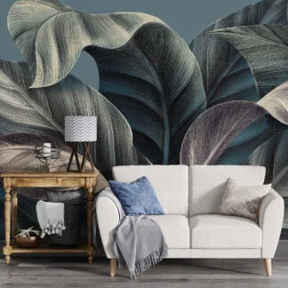 Dark Elegant Leaves With Drawn Line Art Wallpaper, Soothing Dark Colored Leaves Peel & Stick Wall Mural