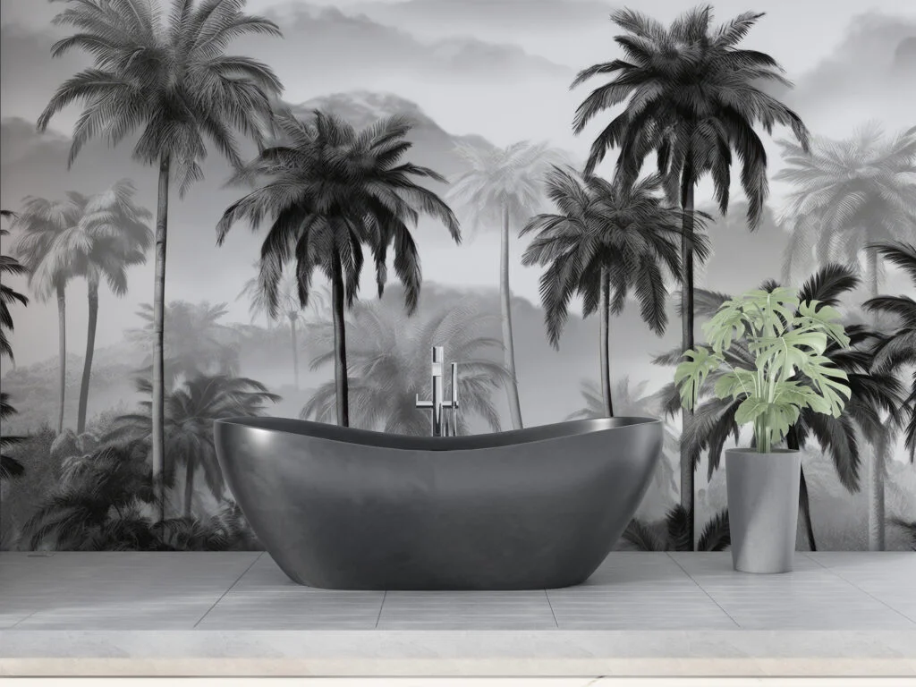 Misty Monochrome Palm Trees Wallpaper, Timeless Tropical Design Peel & Stick Wall Mural