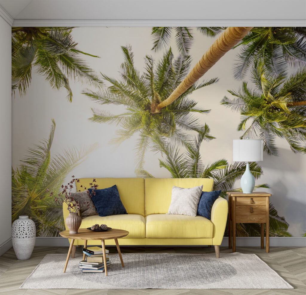 Sunny Tropical View Palm Trees Wallpaper, Low Angle Tropical Large Trees Peel & Stick Wall Mural