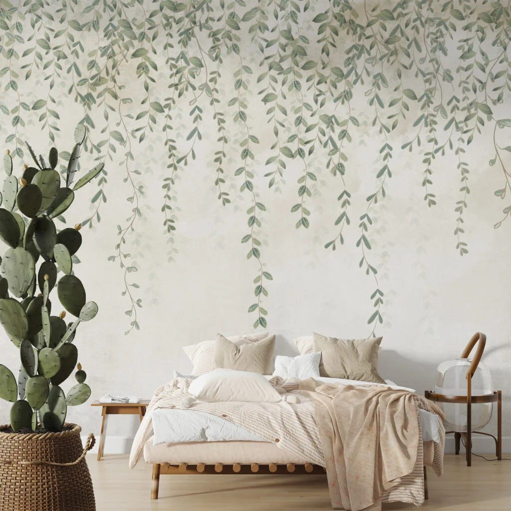 Tranquil Hanging Vines Illustration Wallpaper, Soft Backdrop With Leaves Peel & Stick Wall Mural