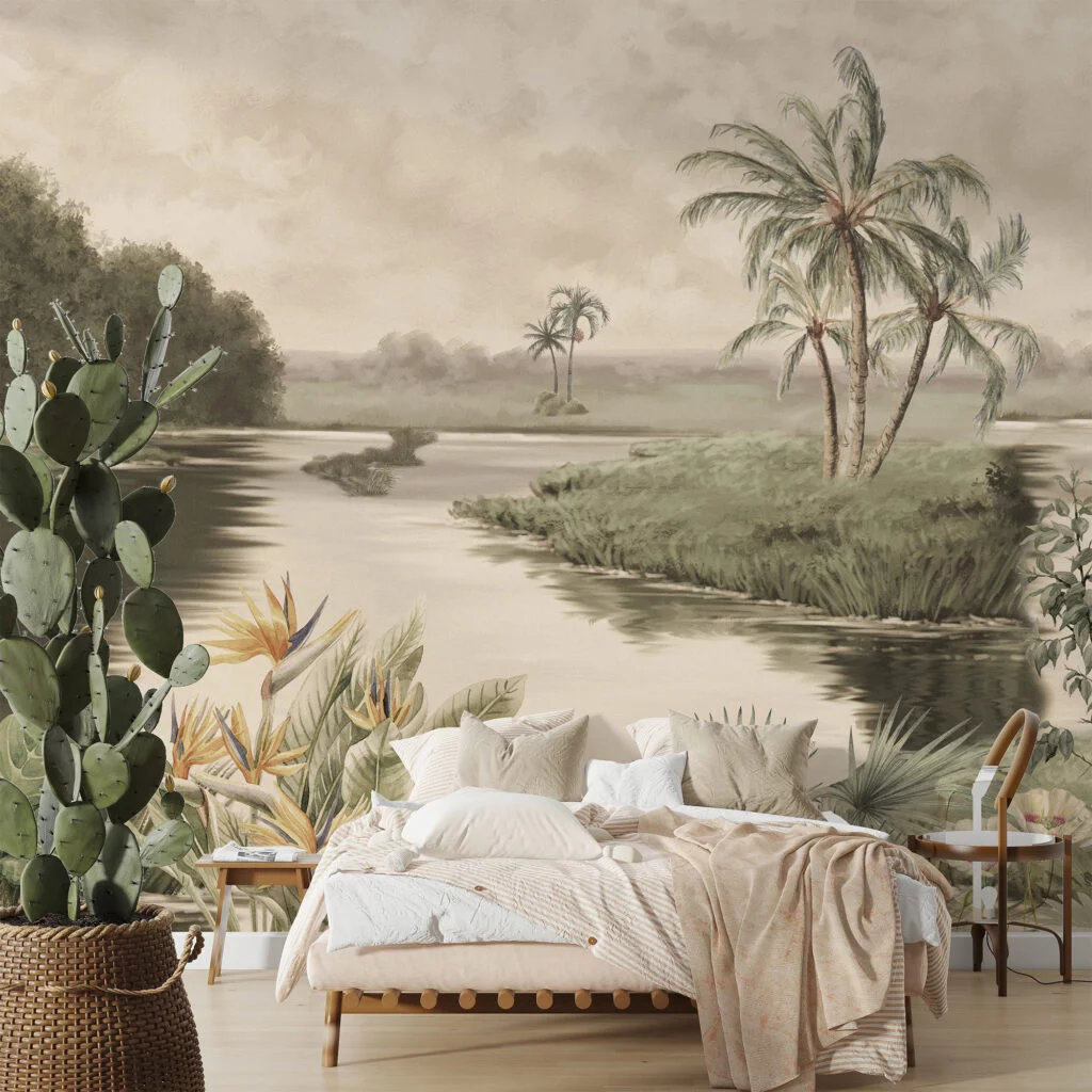 Vintage Tropical Riverside Wallpaper, Soft Tropical River Landscape Illustration Peel & Stick Wall Mural