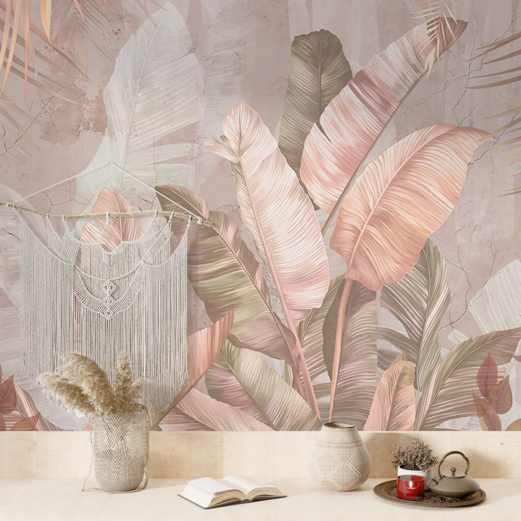 Pastel Peach Banana Leaves Wallpaper, Blush Elegance Foliage Large Tropical Leaves Peel & Stick Wall Mural