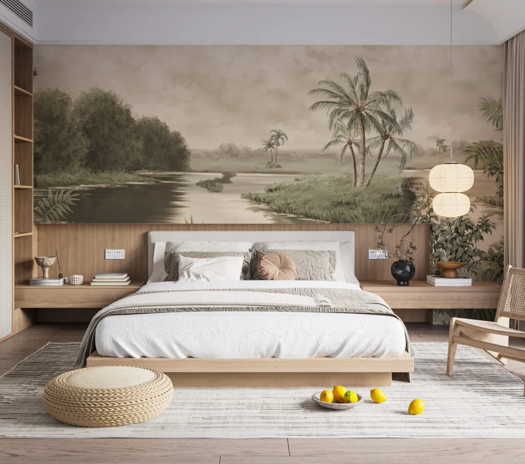 Vintage Tropical Riverside Wallpaper, Soft Tropical River Landscape Illustration Peel & Stick Wall Mural