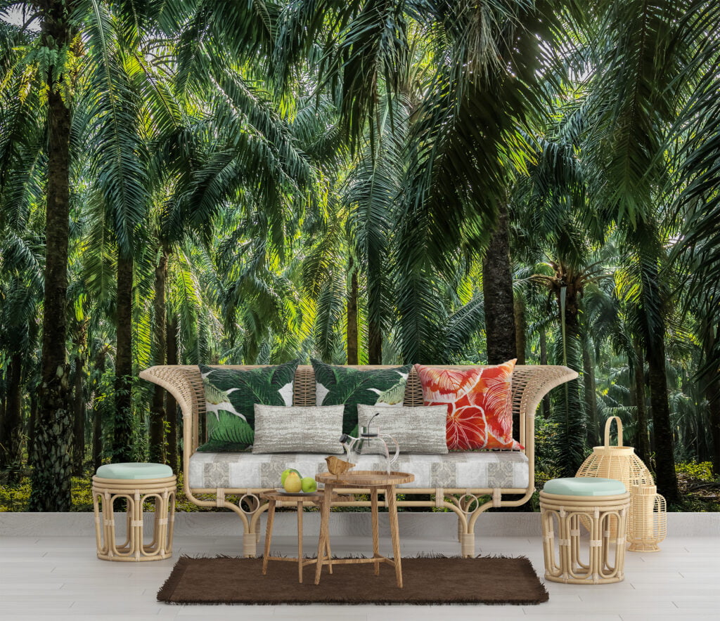 Sunlit Palm Forest Garden Wallpaper, Lush Tropical Palm Tree Plantation Peel & Stick Wall Mural