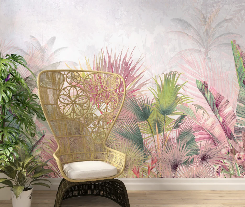 Colorful Pastel Tropical Leaves Wallpaper, Pastel Pink And Green Botanical Oasis Peel & Stick Wall Mural