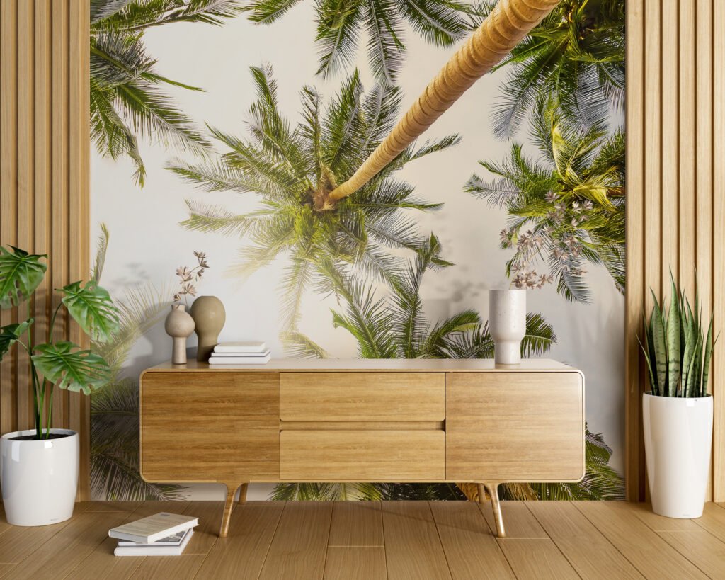 Sunny Tropical View Palm Trees Wallpaper, Low Angle Tropical Large Trees Peel & Stick Wall Mural