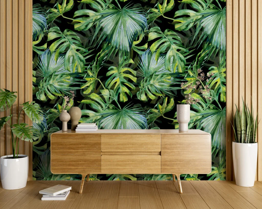 Watercolor Vibrant Jungle Foliage With A Black Background Wallpaper, Large Tropical Leaf Peel & Stick Wall Mural