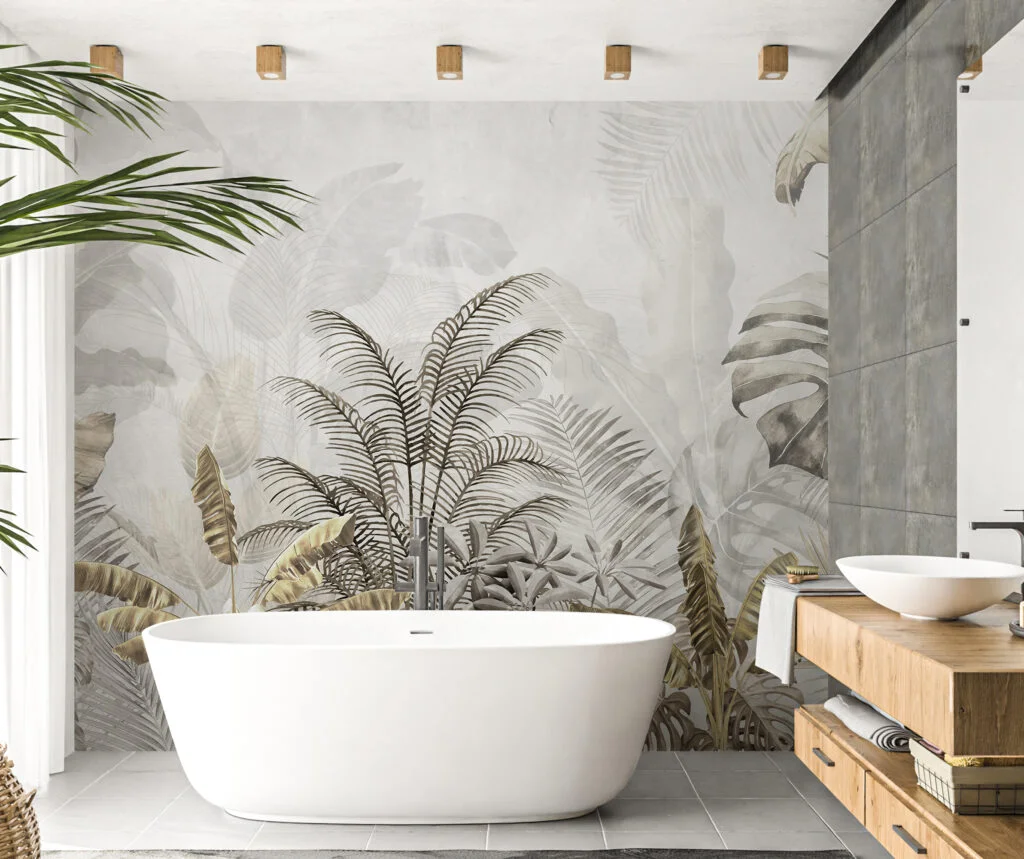 Misty Neutral Leaves Foliage Wallpaper, Muted Botanical Foliage Peel & Stick Wall Mural