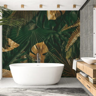Large Tropical Dark Green And Golden Leaves Wallpaper, Luxe Tropical Leaf Design Peel & Stick Wall Mural
