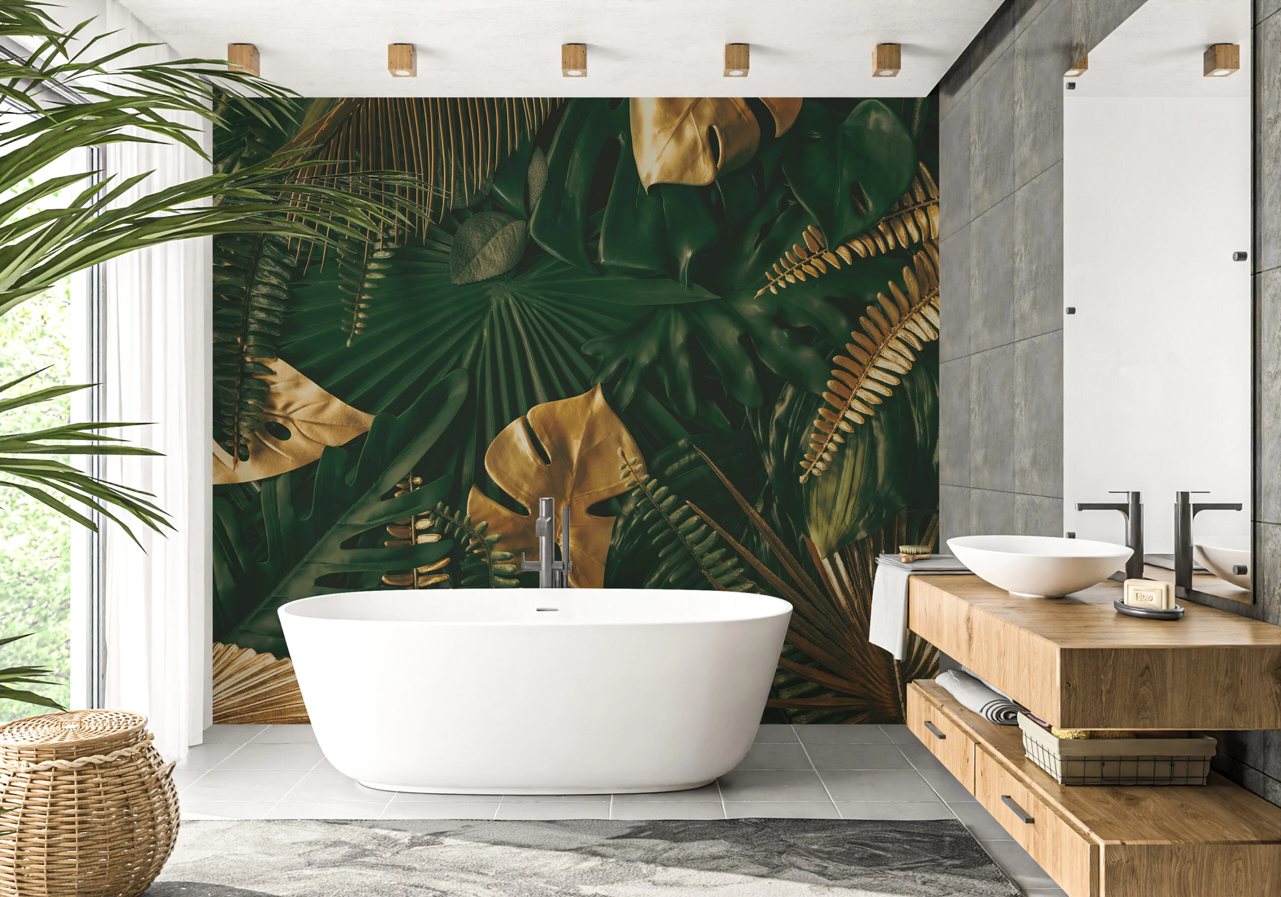 Large Tropical Dark Green And Golden Leaves Wallpaper, Luxe Tropical Leaf Design Peel & Stick Wall Mural