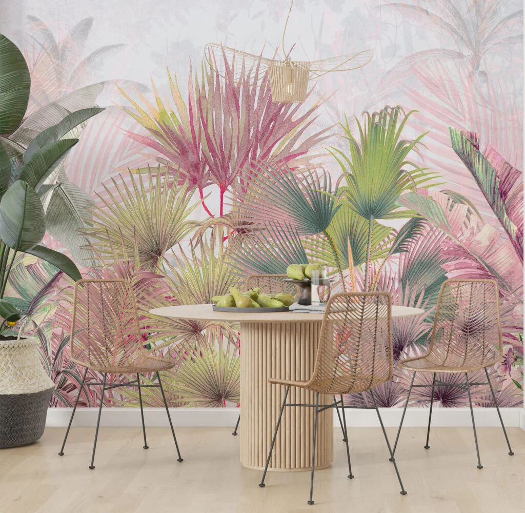 Colorful Pastel Tropical Leaves Wallpaper, Pastel Pink And Green Botanical Oasis Peel & Stick Wall Mural