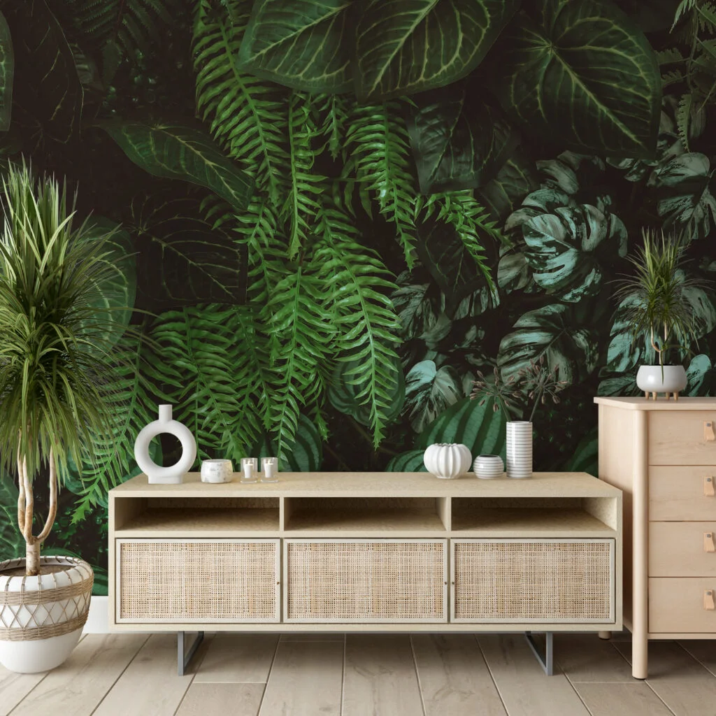 Enigmatic Forest Leaves Wallpaper, Tropical Dark Green Plants And Leaves Peel & Stick Wall Mural