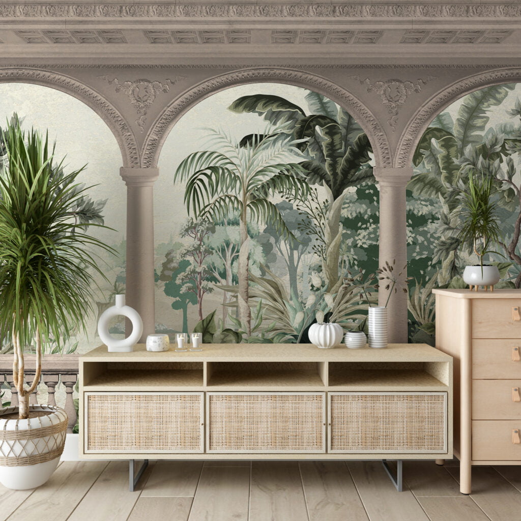 Antique Balcony With A Tropical View Wallpaper, Timeless Elegant Palm Tree Landscape Peel & Stick Wall Mural