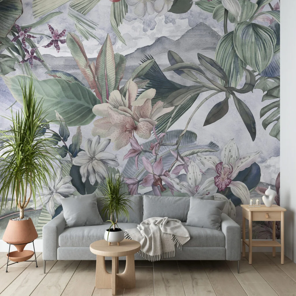 Serene Botanical Garden Florals Wallpaper, Large Cool-Toned Tropical Leaves Peel & Stick Wall Mural