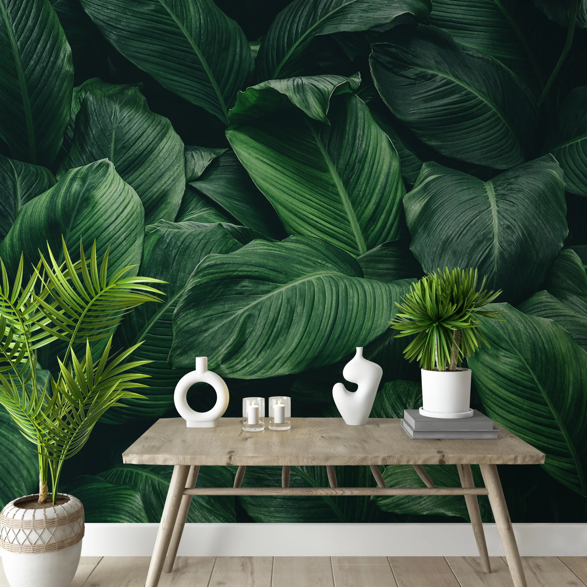 Lush Green Botanical Leaf Wallpaper, Large Dark Green Jungle Leaves Peel & Stick Wall Mural