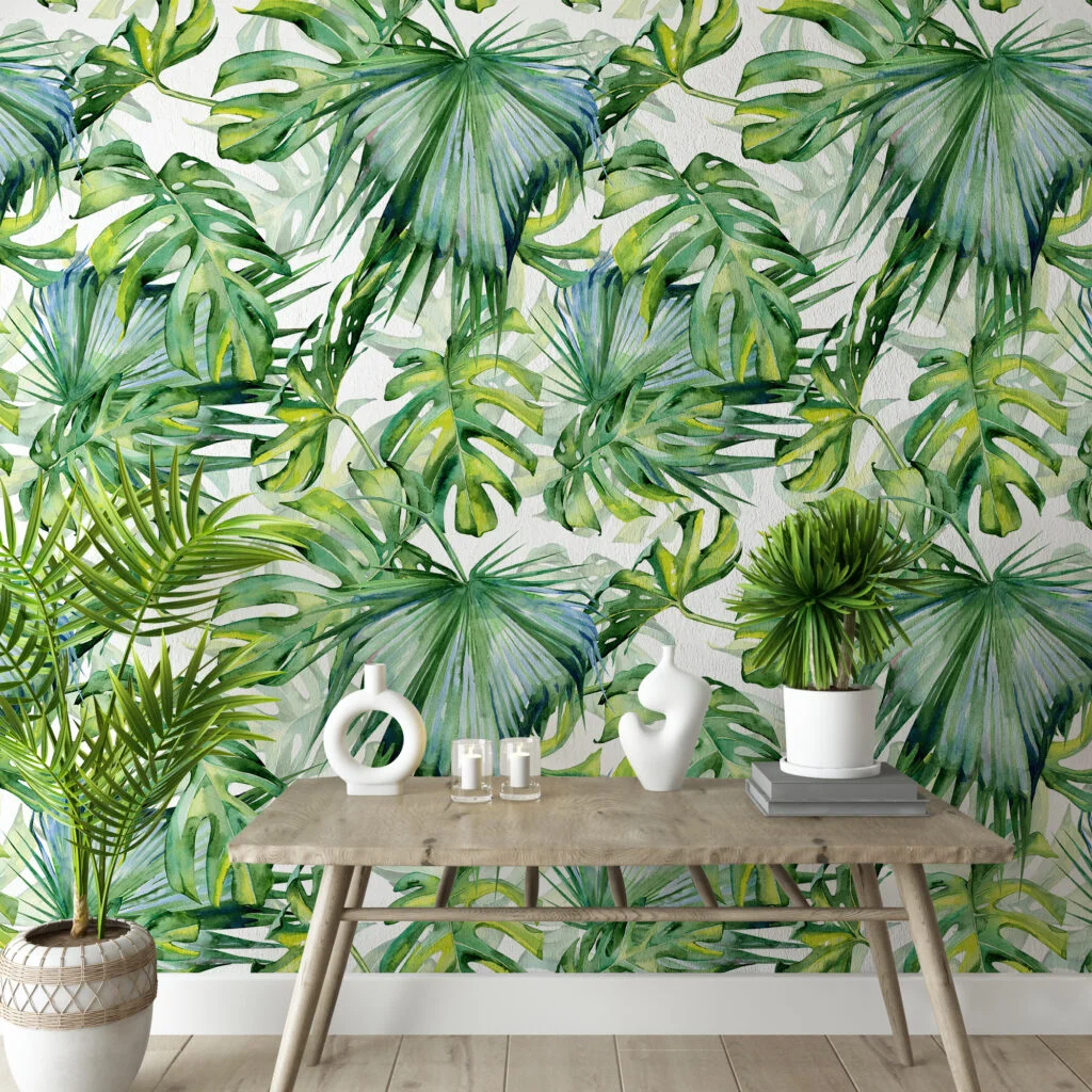 Lush Watercolor Monstera Leaves Wallpaper, Large Vibrant Tropical Leaves Peel & Stick Wall Mural