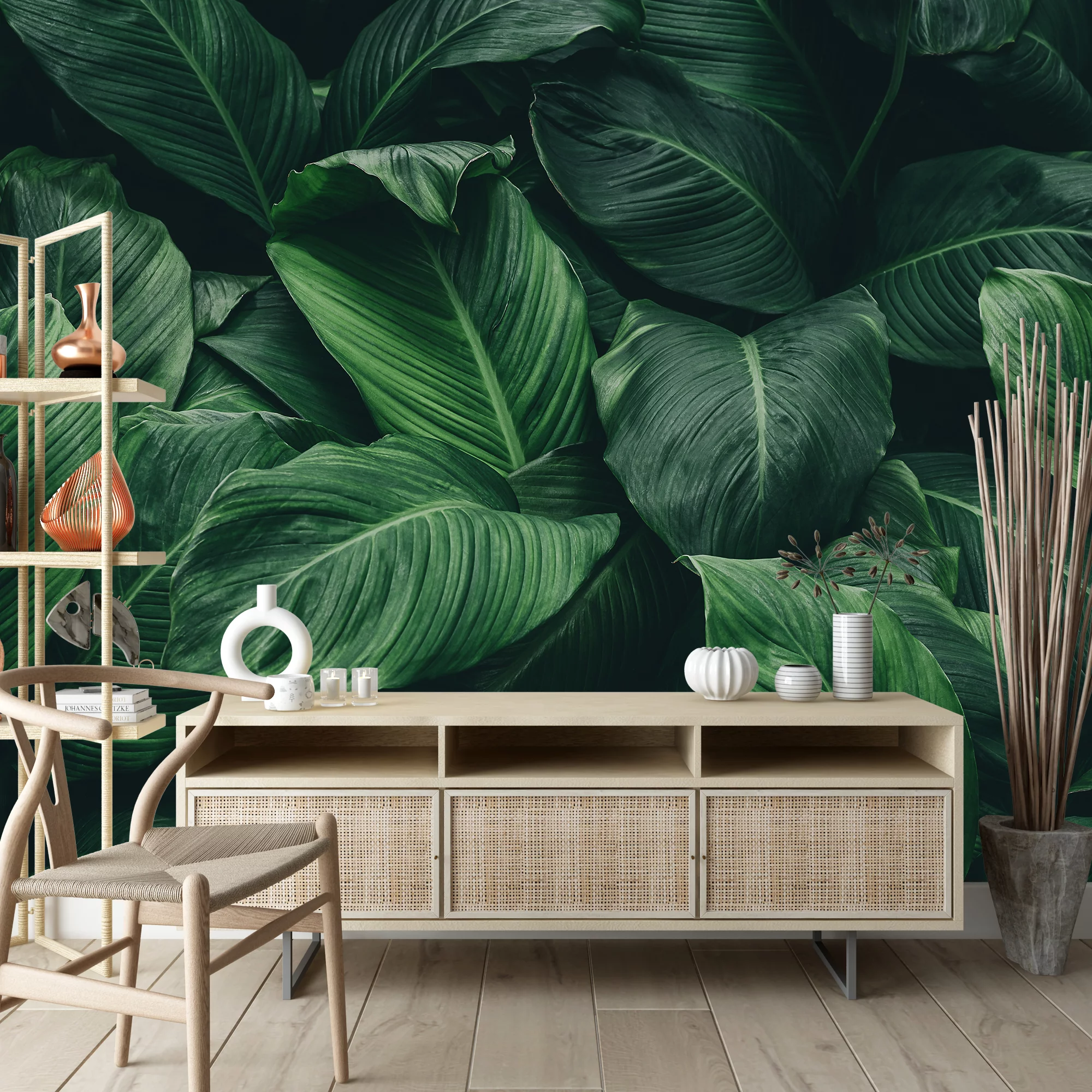 Lush Green Botanical Leaf Wallpaper, Large Dark Green Jungle Leaves Peel & Stick Wall Mural