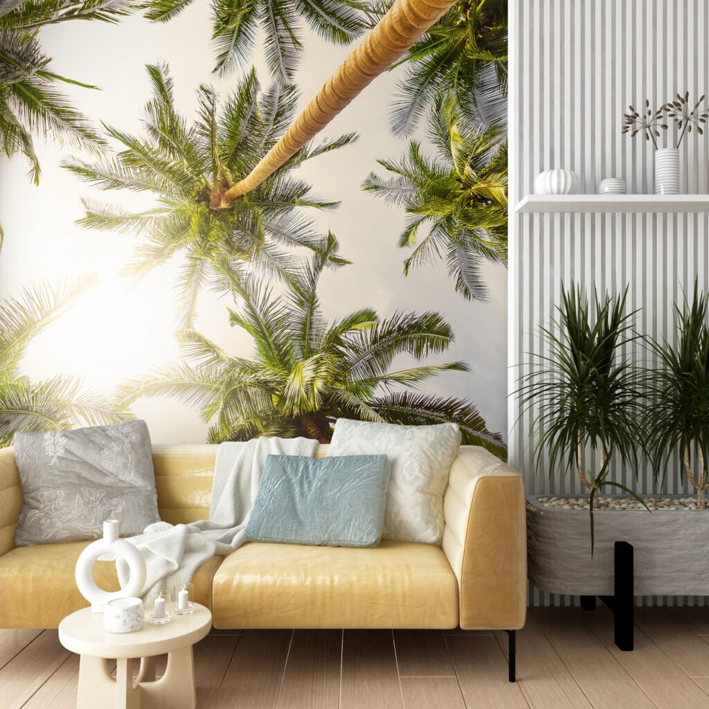 Sunny Tropical View Palm Trees Wallpaper, Low Angle Tropical Large Trees Peel & Stick Wall Mural