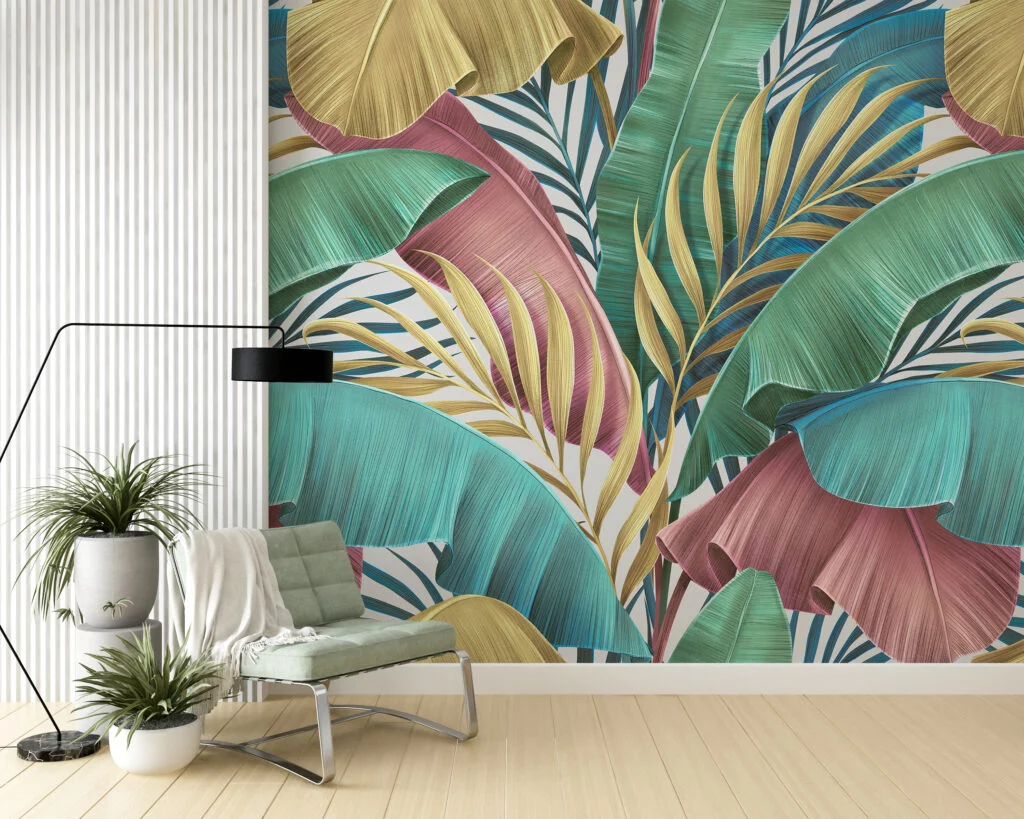 Artistic Pastel Large Colorful Leaves With Line Art Wallpaper, Tropical Leaves Design Peel & Stick Wall Mural