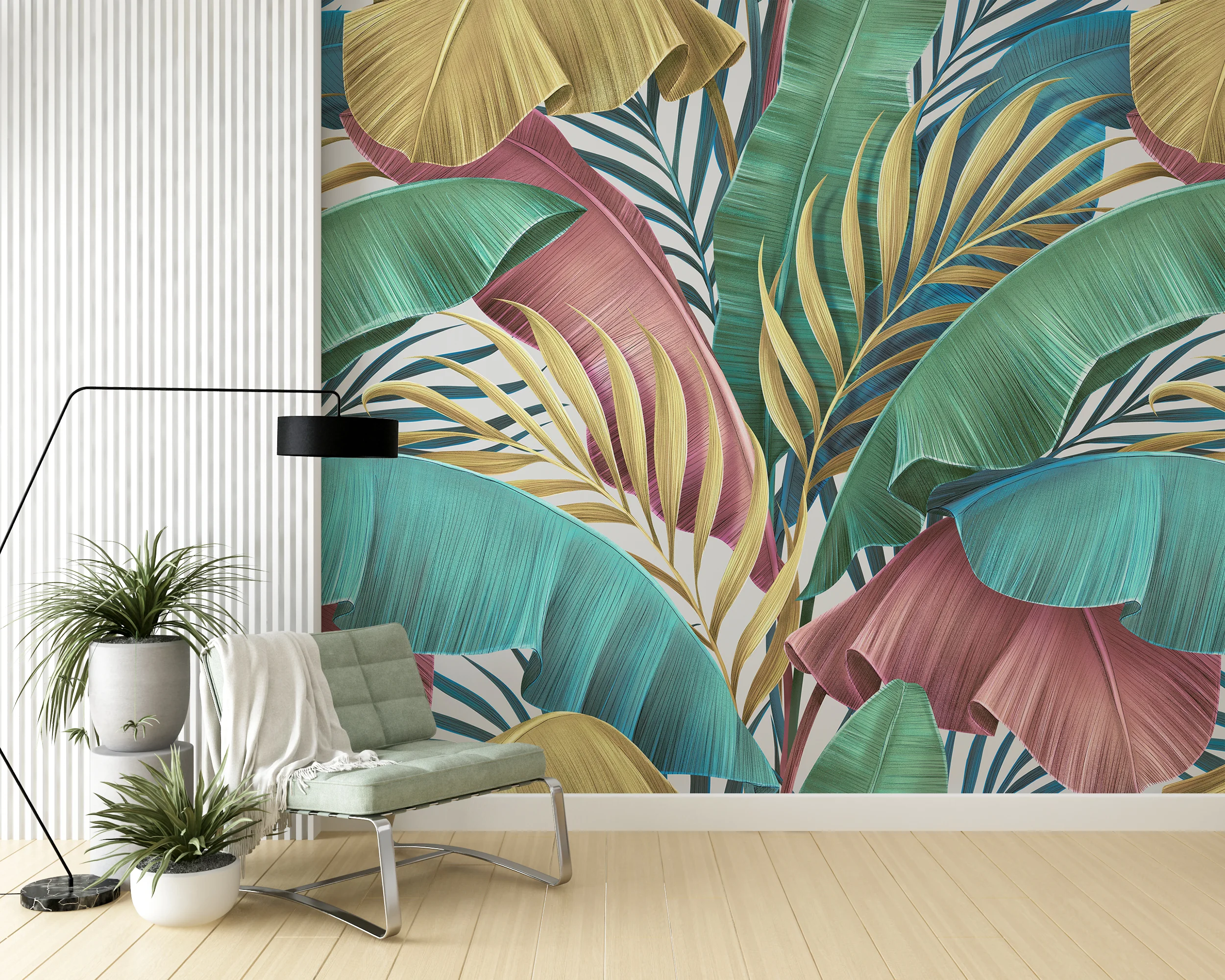 Artistic Pastel Large Colorful Leaves With Line Art Wallpaper, Tropical Leaves Design Peel & Stick Wall Mural