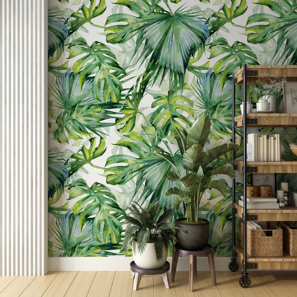 Lush Watercolor Monstera Leaves Wallpaper, Large Vibrant Tropical Leaves Peel & Stick Wall Mural