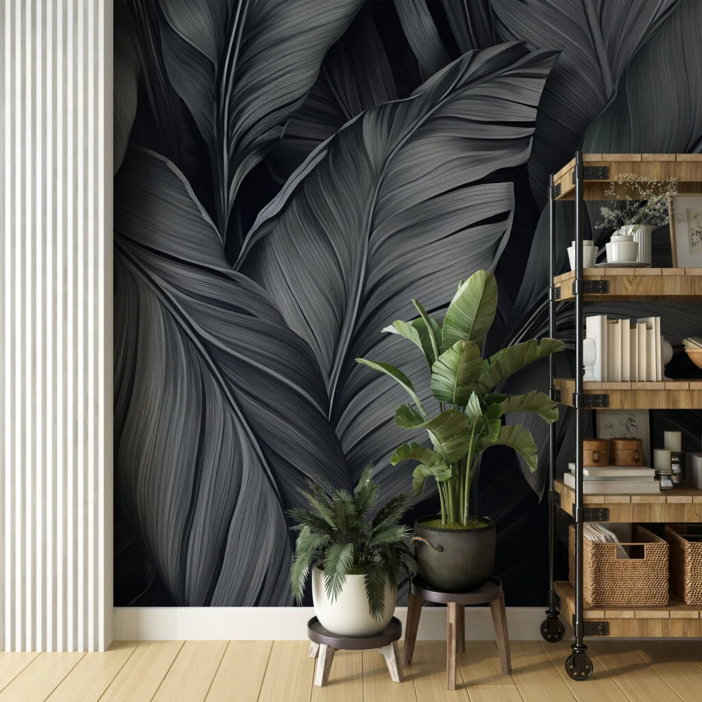 Large Dark Grey Colored Tropical Leaves Wallpaper, Monochrome Leaf Design Peel & Stick Wall Mural