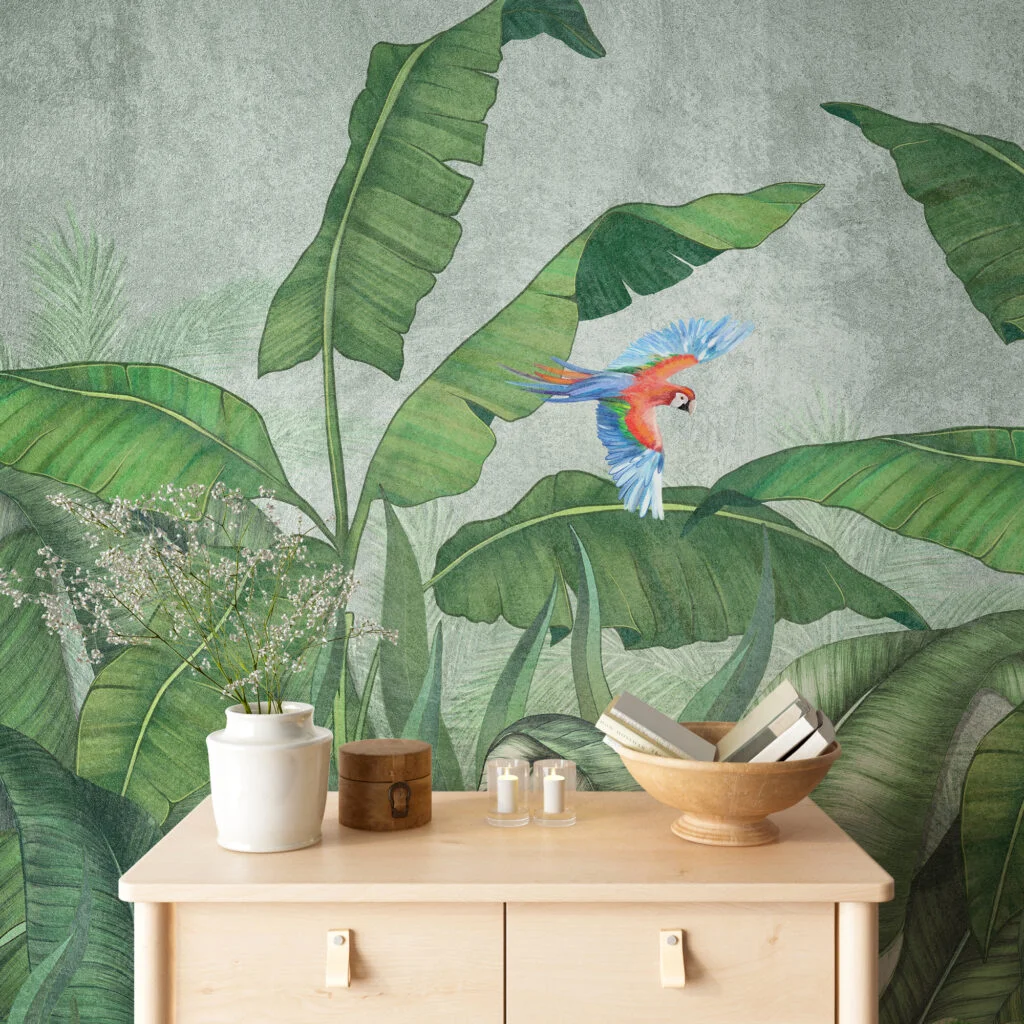 Enchanting Banana Leaves Wallpaper, Large Tropical Leaves With Parrots Peel & Stick Wall Mural