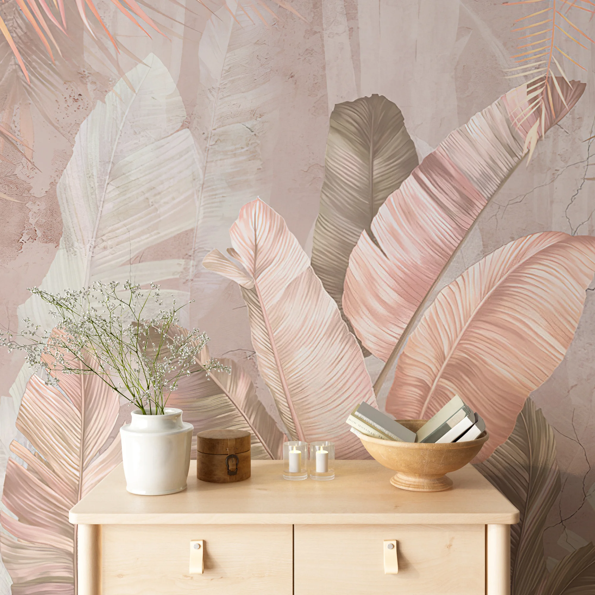 Pastel Peach Banana Leaves Wallpaper, Blush Elegance Foliage Large Tropical Leaves Peel & Stick Wall Mural