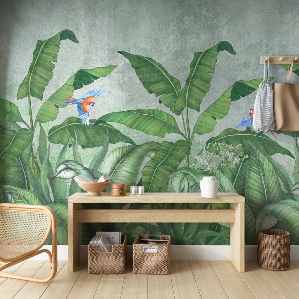 Enchanting Banana Leaves Wallpaper, Large Tropical Leaves With Parrots Peel & Stick Wall Mural