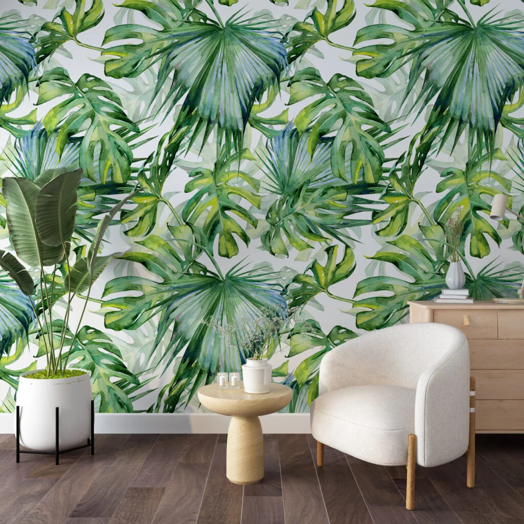 Lush Watercolor Monstera Leaves Wallpaper, Large Vibrant Tropical Leaves Peel & Stick Wall Mural